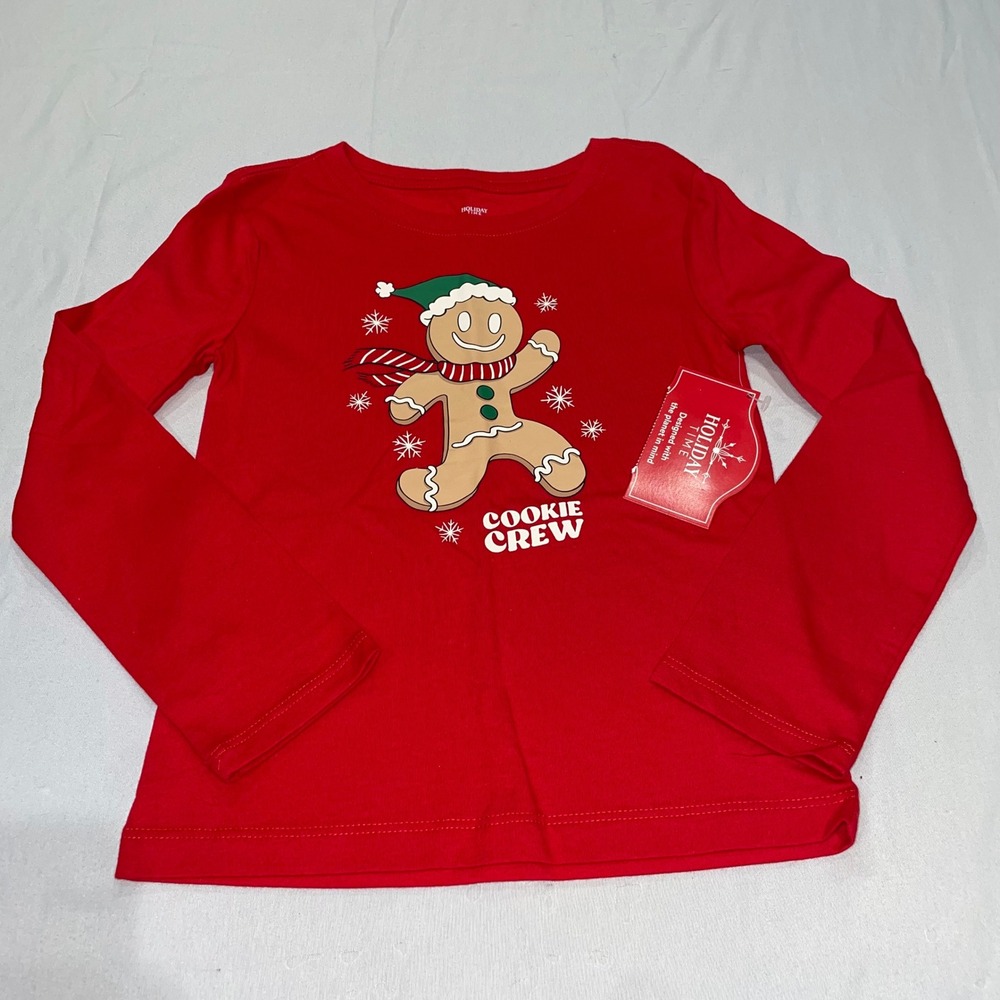 Holiday Time Kids Red Gingerbread Cookie Crew Long Sleeve Graphic T-Shirt XS 4-5